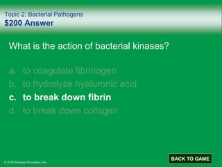 © 2016 Pearson Education, Inc.
Topic 2: Bacterial Pathogens
$200 Answer
What is the action of bacterial kinases?
a. to coagulate fibrinogen
b. to hydrolyze hyaluronic acid
c. to break down fibrin
d. to break down collagen
BACK TO GAME
 