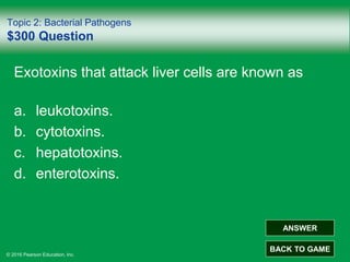 © 2016 Pearson Education, Inc.
Topic 2: Bacterial Pathogens
$300 Question
Exotoxins that attack liver cells are known as
a. leukotoxins.
b. cytotoxins.
c. hepatotoxins.
d. enterotoxins.
ANSWER
BACK TO GAME
 