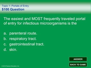 © 2016 Pearson Education, Inc.
Topic 1: Portals of Entry
$100 Question
The easiest and MOST frequently traveled portal
of entry for infectious microorganisms is the
a. parenteral route.
b. respiratory tract.
c. gastrointestinal tract.
d. skin.
ANSWER
BACK TO GAME
 