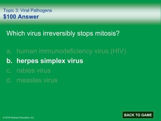 © 2016 Pearson Education, Inc.
Topic 3: Viral Pathogens
$100 Answer
Which virus irreversibly stops mitosis?
a. human immunodeficiency virus (HIV)
b. herpes simplex virus
c. rabies virus
d. measles virus
BACK TO GAME
 