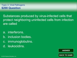© 2016 Pearson Education, Inc.
Topic 3: Viral Pathogens
$200 Question
Substances produced by virus-infected cells that
protect neighboring uninfected cells from infection
are called
a. interferons.
b. inclusion bodies.
c. immunoglobulins.
d. leukocidins.
ANSWER
BACK TO GAME
 