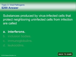 © 2016 Pearson Education, Inc.
Topic 3: Viral Pathogens
$200 Answer
Substances produced by virus-infected cells that
protect neighboring uninfected cells from infection
are called
a. interferons.
b. inclusion bodies.
c. immunoglobulins.
d. leukocidins.
BACK TO GAME
 