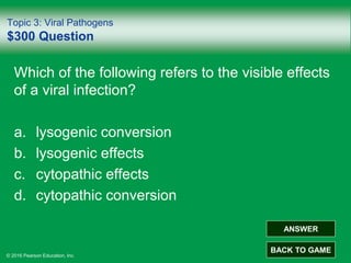 © 2016 Pearson Education, Inc.
Topic 3: Viral Pathogens
$300 Question
Which of the following refers to the visible effects
of a viral infection?
a. lysogenic conversion
b. lysogenic effects
c. cytopathic effects
d. cytopathic conversion
ANSWER
BACK TO GAME
 