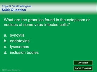 © 2016 Pearson Education, Inc.
Topic 3: Viral Pathogens
$400 Question
What are the granules found in the cytoplasm or
nucleus of some virus-infected cells?
a. syncytia
b. endotoxins
c. lysosomes
d. inclusion bodies
ANSWER
BACK TO GAME
 
