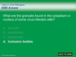 © 2016 Pearson Education, Inc.
Topic 3: Viral Pathogens
$400 Answer
What are the granules found in the cytoplasm or
nucleus of some virus-infected cells?
a. syncytia
b. endotoxins
c. lysosomes
d. inclusion bodies
BACK TO GAME
 