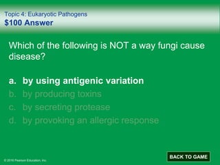 © 2016 Pearson Education, Inc.
Topic 4: Eukaryotic Pathogens
$100 Answer
Which of the following is NOT a way fungi cause
disease?
a. by using antigenic variation
b. by producing toxins
c. by secreting protease
d. by provoking an allergic response
BACK TO GAME
 