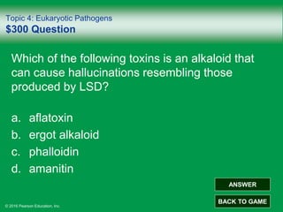 © 2016 Pearson Education, Inc.
Topic 4: Eukaryotic Pathogens
$300 Question
Which of the following toxins is an alkaloid that
can cause hallucinations resembling those
produced by LSD?
a. aflatoxin
b. ergot alkaloid
c. phalloidin
d. amanitin
ANSWER
BACK TO GAME
 