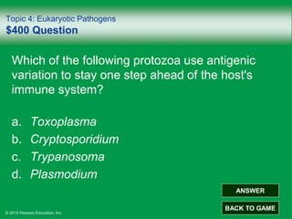 © 2016 Pearson Education, Inc.
Topic 4: Eukaryotic Pathogens
$400 Question
Which of the following protozoa use antigenic
variation to stay one step ahead of the host's
immune system?
a. Toxoplasma
b. Cryptosporidium
c. Trypanosoma
d. Plasmodium
ANSWER
BACK TO GAME
 