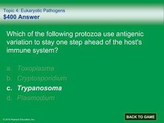 © 2016 Pearson Education, Inc.
Topic 4: Eukaryotic Pathogens
$400 Answer
Which of the following protozoa use antigenic
variation to stay one step ahead of the host's
immune system?
a. Toxoplasma
b. Cryptosporidium
c. Trypanosoma
d. Plasmodium
BACK TO GAME
 