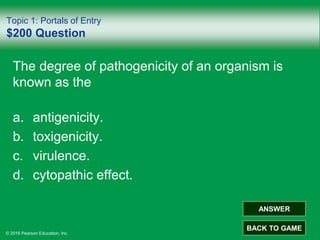 © 2016 Pearson Education, Inc.
Topic 1: Portals of Entry
$200 Question
The degree of pathogenicity of an organism is
known as the
a. antigenicity.
b. toxigenicity.
c. virulence.
d. cytopathic effect.
ANSWER
BACK TO GAME
 