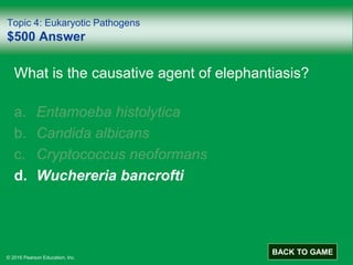 © 2016 Pearson Education, Inc.
Topic 4: Eukaryotic Pathogens
$500 Answer
What is the causative agent of elephantiasis?
a. Entamoeba histolytica
b. Candida albicans
c. Cryptococcus neoformans
d. Wuchereria bancrofti
BACK TO GAME
 