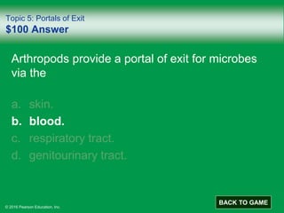 © 2016 Pearson Education, Inc.
Topic 5: Portals of Exit
$100 Answer
Arthropods provide a portal of exit for microbes
via the
a. skin.
b. blood.
c. respiratory tract.
d. genitourinary tract.
BACK TO GAME
 