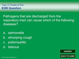 © 2016 Pearson Education, Inc.
Topic 5: Portals of Exit
$300 Question
Pathogens that are discharged from the
respiratory tract can cause which of the following
diseases?
a. salmonella
b. whooping cough
c. poliomyelitis
d. tetanus
ANSWER
BACK TO GAME
 