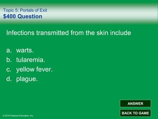 © 2016 Pearson Education, Inc.
Topic 5: Portals of Exit
$400 Question
Infections transmitted from the skin include
a. warts.
b. tularemia.
c. yellow fever.
d. plague.
ANSWER
BACK TO GAME
 