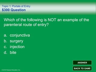 © 2016 Pearson Education, Inc.
Topic 1: Portals of Entry
$300 Question
Which of the following is NOT an example of the
parenteral route of entry?
a. conjunctiva
b. surgery
c. injection
d. bite
ANSWER
BACK TO GAME
 