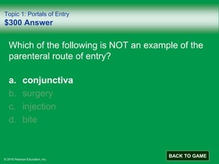 © 2016 Pearson Education, Inc.
Topic 1: Portals of Entry
$300 Answer
Which of the following is NOT an example of the
parenteral route of entry?
a. conjunctiva
b. surgery
c. injection
d. bite
BACK TO GAME
 