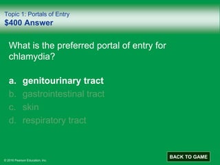 © 2016 Pearson Education, Inc.
Topic 1: Portals of Entry
$400 Answer
What is the preferred portal of entry for
chlamydia?
a. genitourinary tract
b. gastrointestinal tract
c. skin
d. respiratory tract
BACK TO GAME
 