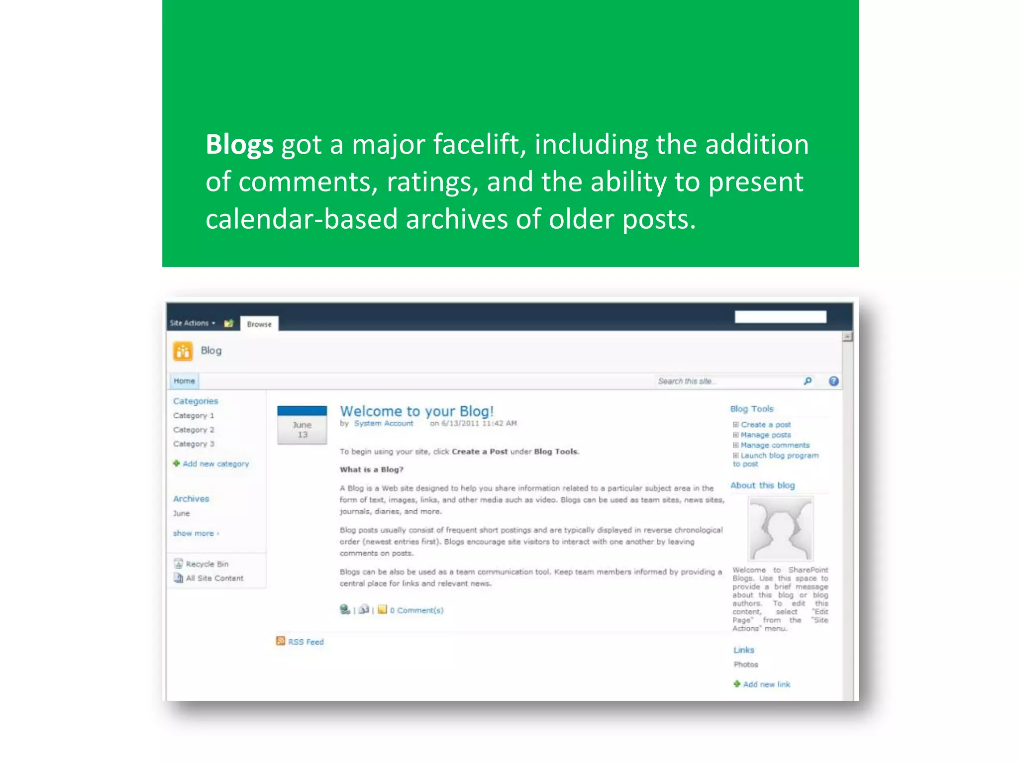 Blogs got a major facelift, including the addition
of comments, ratings, and the ability to present
calendar-based archives of older posts.
 