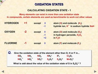 HYDROGEN +1 except 0 atom (H) and molecule (H2)
-1 hydride ion, H¯ in sodium hydride NaH
OXYGEN -2 except 0 atom (O) and molecule (O2)
-1 in hydrogen peroxide, H2O2
+2 in F2O
FLUORINE -1 except 0 atom (F) and molecule (F2)
OXIDATION STATES
Q. Give the oxidation state of the element other than O, H or F in...
SO2 NH3 NO2 NH4
+ IF7 Cl2O7
NO3¯ NO2¯ SO3
2- S2O3
2- S4O6
2- MnO4
2-
What is odd about the value of the oxidation state of S in S4O6
2- ?
CALCULATING OXIDATION STATE - 1
Many elements can exist in more than one oxidation state
In compounds, certain elements are used as benchmarks to work out other values
 