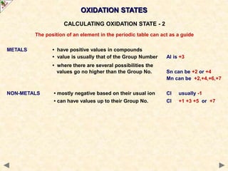 METALS • have positive values in compounds
• value is usually that of the Group Number Al is +3
• where there are several possibilities the
values go no higher than the Group No. Sn can be +2 or +4
Mn can be +2,+4,+6,+7
NON-METALS • mostly negative based on their usual ion Cl usually -1
• can have values up to their Group No. Cl +1 +3 +5 or +7
OXIDATION STATES
CALCULATING OXIDATION STATE - 2
The position of an element in the periodic table can act as a guide
 