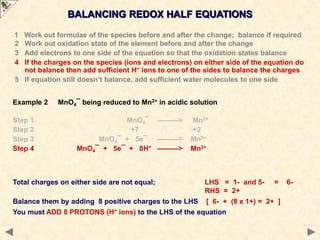 BALANCING REDOX HALF EQUATIONS
Total charges on either side are not equal; LHS = 1- and 5- = 6-
RHS = 2+
Balance them by adding 8 positive charges to the LHS [ 6- + (8 x 1+) = 2+ ]
You must ADD 8 PROTONS (H+ ions) to the LHS of the equation
1 Work out formulae of the species before and after the change; balance if required
2 Work out oxidation state of the element before and after the change
3 Add electrons to one side of the equation so that the oxidation states balance
4 If the charges on the species (ions and electrons) on either side of the equation do
not balance then add sufficient H+ ions to one of the sides to balance the charges
5 If equation still doesn’t balance, add sufficient water molecules to one side
Example 2 MnO4¯ being reduced to Mn2+ in acidic solution
Step 1 MnO4¯ ———> Mn2+
Step 2 +7 +2
Step 3 MnO4¯ + 5e¯ ———> Mn2+
Step 4 MnO4¯ + 5e¯ + 8H+ ———> Mn2+
 