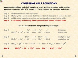 COMBINING HALF EQUATIONS
The reaction between manganate(VII) and iron(II)
Step 1 Fe2+ ——> Fe3+ + e¯ Oxidation
MnO4¯ + 5e¯ + 8H+ ——> Mn2+ + 4H2O Reduction
Step 2 5Fe2+ ——> 5Fe3+ + 5e¯ multiplied by 5
MnO4¯ + 5e¯ + 8H+ ——> Mn2+ + 4H2O multiplied by 1
Step 3 MnO4¯ + 5e¯ + 8H+ + 5Fe2+ ——> Mn2+ + 4H2O + 5Fe3+ + 5e¯
Step 4 MnO4¯ + 8H+ + 5Fe2+ ——> Mn2+ + 4H2O + 5Fe3+
A combination of two ionic half equations, one involving oxidation and the other
reduction, produces a REDOX equation. The equations are balanced as follows...
Step 1 Write out the two half equations
Step 2 Multiply the equations so that the number of electrons in each is the same
Step 3 Add the two equations and cancel out the electrons on either side
Step 4 If necessary, cancel any other species which appear on both sides
 