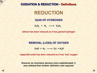 OXIDATION & REDUCTION - Definitions
REDUCTION
GAIN OF HYDROGEN
C2H4 + H2 ——> C2H6
ethene has been reduced as it has gained hydrogen
REMOVAL (LOSS) OF OXYGEN
CuO + H2 ——> Cu + H2O
copper(II) oxide has been reduced as it has ‘lost’ oxygen
However as chemistry became more sophisticated, it
was realised that another definition was required
 