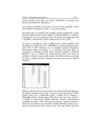 Capítulo 9 – Refrigeração de processadores                           9-17
a) São lançados novos chips com maiores freqüências de operação, sem
passar por problemas de aquecimento.

b) Os chips já existentes são lançados em novas versões, mantendo o clock
mas reduzindo a dissipação de calor e o custo de produção.

Este efeito pode ser mostrado, por exemplo, quando comparamos as duas
primeiras famílias do processador Athlon. O chamado Modelo 1, o primeiro
a ser lançado, usava a tecnologia de 0,25. Foi lançado com clocks entre 500
e 700 MHz, e dependendo do clock, dissipava entre 42 W e 58 W.

Ao adotar a tecnologia de 0,18, a AMD lançou o Athlon Modelo 2. Foi
produzido com clocks entre 550 e 1000 MHz, e a potência dissipada variava
entre 31W e 65W. Podemos ver as vantagens quando comparamos
processadores Athlon de modelos 1 e 2, operando com clocks iguais. A
comparação é mostrada na tabela abaixo. Incluímos também o chamado
Modelo 4, que é o Athlon com encapsulamento PGA, com cache L2
embutida no núcleo do processador. Apesar de também utilizar a tecnologia
de 0,18, os Athlons modelo 4 dissipam um pouco menos que os Athlons
modelo 2.

 Clock (MHz)     Potência dissipada
                 Modelo 1 Modelo 2    Modelo 4
 500             42 W        -
 550             46 W        31 W
 600             50 W        34 W
 650             54 W        36 W     38 W
 700             58 W        39 W     40 W
 750             -           40 W     43 W
 800             -           48 W     45 W
 850             -           58 W     47 W
 900             -           60 W     50 W
 950             -           62 W     52 W
 1000            -           65 W     54 W
 1100            -           -        60 W
 1133            -           -        63 W
 1200            -           -        66 W


Dissemos anteriormente que processadores de mesma família têm dissipação
de potência proporcional ao clock. À primeira vista pode parecer errado,
quando vemos que o Athlon/700 modelo 1 dissipa 58 W, enquanto o
Athlon/800 modelo 2 dissipa apenas 48 W. Ocorre que neste caso, modelo 1
e modelo 2 representam famílias diferentes, usando respectivamente
tecnologias de 0,25 e 0,18. Não podemos portanto comparar potências e
clocks de processadores que pertençam a famílias diferentes, mesmo que se
tratem de processadores com o mesmo nome. Fica aqui também uma dica
 