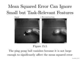(Goodfellow 2017)
Mean Squared Error Can Ignore
Small but Task-Relevant Features
Figure 15.5
CHAPTER 15. REPRESENTATION LEARNING
Input Reconstruction
Figure 15.5: An autoencoder trained with mean squared error for a robotics task has
failed to reconstruct a ping pong ball. The existence of the ping pong ball and all its
spatial coordinates are important underlying causal factors that generate the image and
are relevant to the robotics task. Unfortunately, the autoencoder has limited capacity,
and the training with mean squared error did not identify the ping pong ball as being
salient enough to encode. Images graciously provided by Chelsea Finn.
The ping pong ball vanishes because it is not large
enough to significantly aﬀect the mean squared error
 