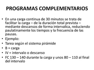 PROGRAMAS COMPLEMENTARIOS
• En una carga continua de 30 minutos se trata de
facilitar la carga – de la duración total prevista –
mediante descansos de forma intervalica, reduciendo
paulatinamente los tiempos y la frecuencia de las
pausas.
• Ejemplo:
• Tarea según el sistema pirámide
• B = carga
• IV = intervalo o descanso
• FC 130 – 140 durante la carga y unos 80 – 110 al final
del intervalo
 