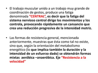 • El trabajo muscular unido a un trabajo muy grande de
coordinación de gestos, produce una fatiga
denominada “CENTRAL”, es decir que la fatiga del
sistema nervioso central dirige los movimientos y los
controla, provocando rápidamente un cansancio que
crea una reducción progresiva de la intensidad motriz.
• Las formas de resistencia general, mencionada
anteriormente, muestras que ésta como tal no existe,
sino que, según la orientación del metabolismo
energético (lo que implica también la duración y la
intensidad de un esfuerzo dado) se obtendrán formas
mixtas aeróbica –anaeróbica. Eje “Resistencia a la
velocidad”
 