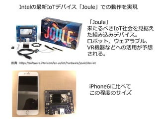 出典： https://software.intel.com/en-us/iot/hardware/joule/dev-kit
Intelの最新IoTデバイス「Joule」での動作を実現
iPhone6に比べて
この程度のサイズ
「Joule」
来たるべきIoT社会を見据え
た組み込みデバイス。
ロボット、ウェアラブル、
VR機器などへの活用が予想
される。
 
