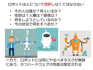 • その人は誰か？何人いるか？
• 性別は？人種は？感情は？
• 何をしようとしているのか？
• 今の状況で何をすべきか？
ロボットは人について理解しなくてはならない
一方で、ロボットには常にやるべきタスクが無数
にあり、かつハードウェアの性能は限定される
 