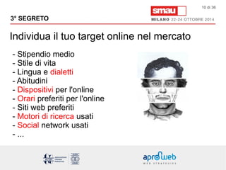 3° SEGRETO 
Individua il tuo target online nel mercato 
10 di 36 
- Stipendio medio 
- Stile di vita 
- Lingua e dialetti 
- Abitudini 
- Dispositivi per l'online 
- Orari preferiti per l'online 
- Siti web preferiti 
- Motori di ricerca usati 
- Social network usati 
- ... 
 