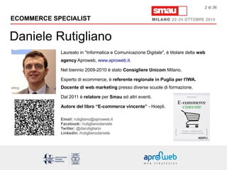 ECOMMERCE SPECIALIST 
Daniele Rutigliano 
Laureato in "Informatica e Comunicazione Digitale", è titolare della web 
agency Aproweb, www.aproweb.it. 
Nel biennio 2009-2010 è stato Consigliere Unicom Milano. 
Esperto di ecommerce, è referente regionale in Puglia per l'IWA. 
Docente di web marketing presso diverse scuole di formazione. 
Dal 2011 è relatore per Smau ed altri eventi. 
Autore del libro “E-commerce vincente” - Hoepli. 
Email: rutigliano@aproweb.it 
Facebook: /rutiglianodaniele 
Twitter: @darutigliano 
Linkedin: /rutiglianodaniele 
2 di 36 
 