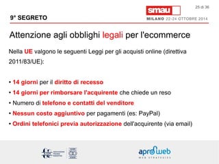 9° SEGRETO 
Attenzione agli obblighi legali per l'ecommerce 
25 di 36 
Nella UE valgono le seguenti Leggi per gli acquisti online (direttiva 
2011/83/UE): 
● 14 giorni per il diritto di recesso 
● 14 giorni per rimborsare l'acquirente che chiede un reso 
● Numero di telefono e contatti del venditore 
● Nessun costo aggiuntivo per pagamenti (es: PayPal) 
● Ordini telefonici previa autorizzazione dell'acquirente (via email) 
 