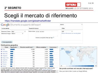 2° SEGRETO 
Scegli il mercato di riferimento 
9 di 36 
https://translate.google.com/globalmarketfinder 
 