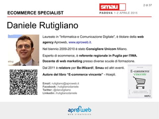 Daniele Rutigliano
ECOMMERCE SPECIALIST
Laureato in "Informatica e Comunicazione Digitale", è titolare della web
agency Aproweb, www.aproweb.it.
Nel biennio 2009-2010 è stato Consigliere Unicom Milano.
Esperto di ecommerce, è referente regionale in Puglia per l'IWA.
Docente di web marketing presso diverse scuole di formazione.
Dal 2011 è relatore per Be-Wizard!, Smau ed altri eventi.
Autore del libro “E-commerce vincente” - Hoepli.
Email: rutigliano@aproweb.it
Facebook: /rutiglianodaniele
Twitter: @darutigliano
Linkedin: /rutiglianodaniele
2 di 37
 