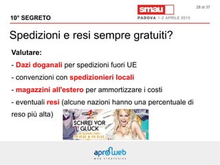 Spedizioni e resi sempre gratuiti?
10° SEGRETO
28 di 37
Valutare:
- Dazi doganali per spedizioni fuori UE
- convenzioni con spedizionieri locali
- magazzini all'estero per ammortizzare i costi
- eventuali resi (alcune nazioni hanno una percentuale di
reso più alta)
 