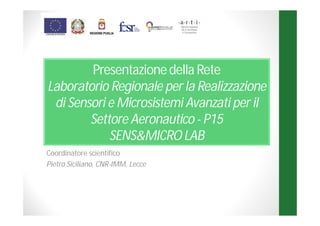 Presentazione della Rete
Laboratorio Regionale per la Realizzazione
di Sensori e Microsistemi Avanzati per il
Settore Aeronautico - P15
SENS&MICRO LAB
Coordinatore scientifico
Pietro Siciliano, CNR-IMM, Lecce
 