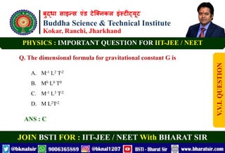 बुद्धा साइन्स एंड टेक्निकल इंस्टीट्यूट
Buddha Science & Technical Institute
Kokar, Ranchi, Jharkhand
JOIN BSTI FOR : IIT-JEE / NEET With BHARAT SIR
PHYSICS : IMPORTANT QUESTION FOR IIT-JEE / NEET
Q. The dimensional formula for gravitational constant G is
A. M-1 L2 T-2
B. M0 L0 T0
C. M-1 L3 T-2
D. M L2T-2
ANS : C
V.V.I.
QUESTION
 