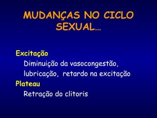 MUDANÇAS NO CICLO
SEXUAL…
Excitação
Diminuição da vasocongestão,
lubricação, retardo na excitação
Plateau
Retração do clitoris
 