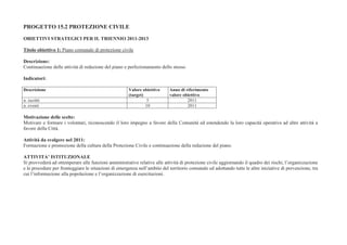 PROGETTO 15.2 PROTEZIONE CIVILE

OBIETTIVI STRATEGICI PER IL TRIENNIO 2011-2013

Titolo obiettivo 1: Piano comunale di protezione civile

Descrizione:
Continuazione delle attività di redazione del piano e perfezionamento dello stesso.

Indicatori:

Descrizione                                           Valore obiettivo     Anno di riferimento
                                                      (target)             valore obiettivo
n. iscritti                                                    5                    2011
n. eventi                                                      10                   2011

Motivazione delle scelte:
Motivare e formare i volontari, riconoscendo il loro impegno a favore della Comunità ed estendendo la loro capacità operativa ad altre attività a
favore della Città.

Attività da svolgere nel 2011:
Formazione e promozione della cultura della Protezione Civile e continuazione della redazione del piano.

ATTIVITA’ ISTITUZIONALE
Si provvederà ad ottemperare alle funzioni amministrative relative alle attività di protezione civile aggiornando il quadro dei rischi, l’organizzazione
e le procedure per fronteggiare le situazioni di emergenza nell’ambito del territorio comunale ed adottando tutte le altre iniziative di prevenzione, tra
cui l’informazione alla popolazione e l’organizzazione di esercitazioni.
 
