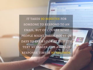 it takes 90 minutes for
someone to respond to an
email, but of course some
people might takes hours or
days to even look at it. With
text messages, the average
response time is 90 seconds.
 