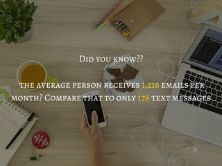 Did you know??
the average person receives 1,216 emails per
month? Compare that to only 178 text messages
 