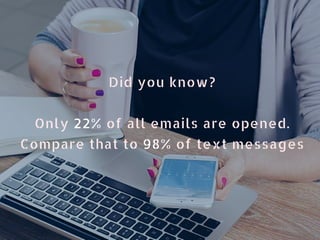 Did you know?
Only 22% of all emails are opened.
Compare that to 98% of text messages
 