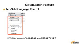 CloudSearch Feature 
! Per-‐‑‒Field Language Control 
※ “Multiple Languages”はCJKの場合Bi-‐‑‒gramによるインデクシング 
 