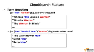 • Term Boosting 
CloudSearch Feature 
– (or 'man' 'woman')q.parser=structured 
When a Man Loves a Woman 
Wonder Woman 
The Woman in Black” 
... 
– (or (term boost=5 'manʼ’) 'woman')q.parser=structured 
The Lawnmower Man 
Dead Man 
Repo Man” 
... 
 