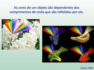 As cores de um objeto são dependentes dos
comprimentos de onda que são refletidos por ele.
Fonte: INPE
 