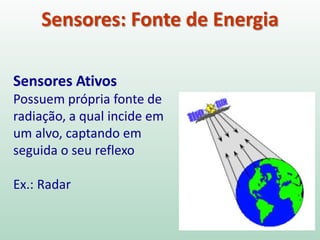 Sensores: Fonte de Energia
Sensores Ativos
Possuem própria fonte de
radiação, a qual incide em
um alvo, captando em
seguida o seu reflexo
Ex.: Radar
 
